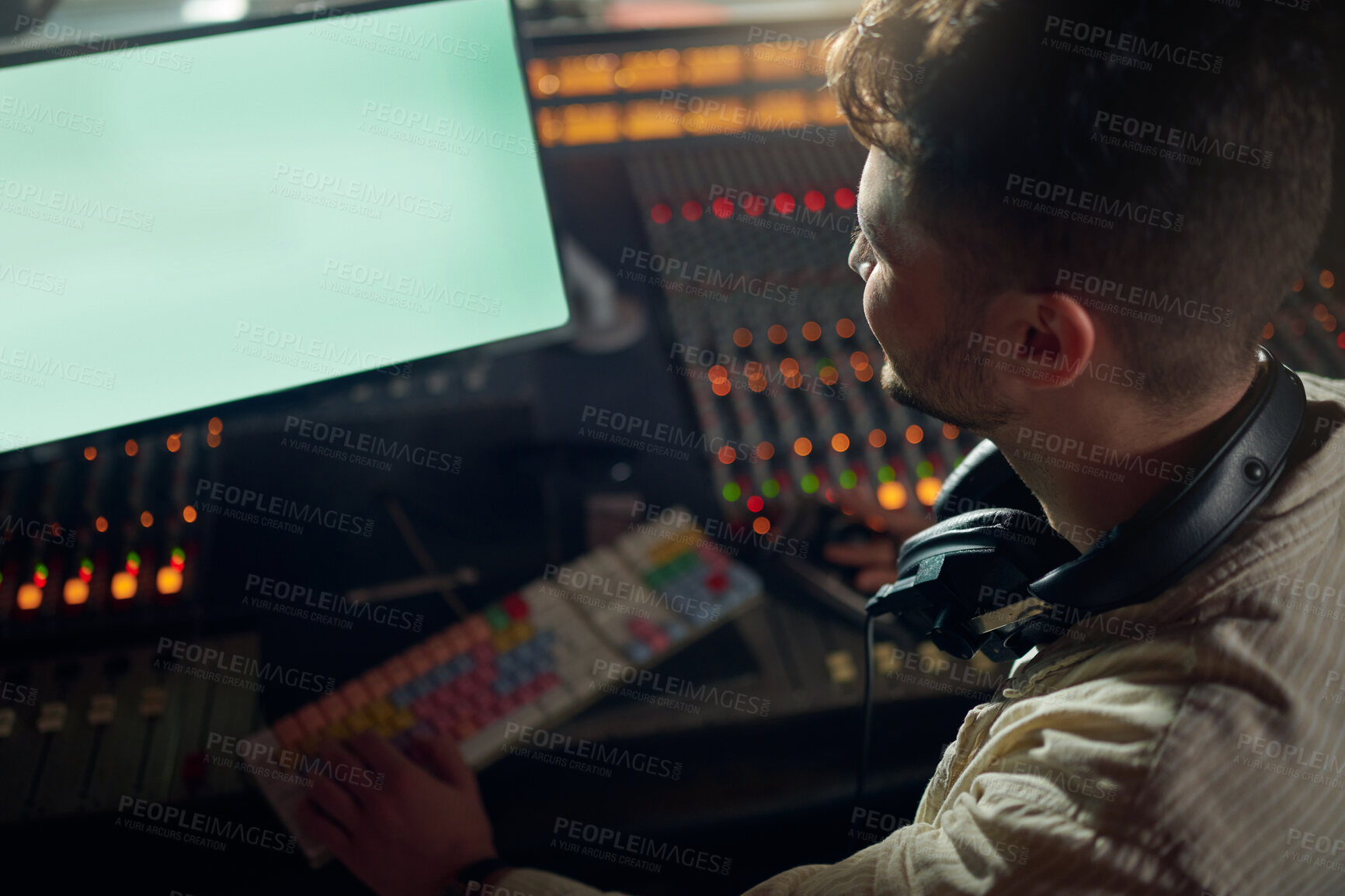 Buy stock photo Man, musician or technology mockup screen for music recording, sound mixing or studio song composition. Producer, happy or DJ on digital computer for mock up ideas of radio, audio logo or media album