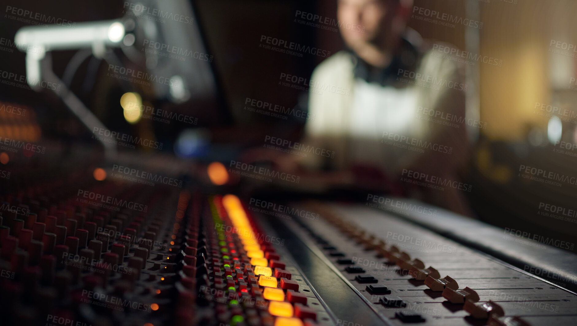 Buy stock photo Music mixer, sound board and producer in radio industry, broadcast and scales in studio. DJ equipment, electronic media and audio engineering machine for recording, song production and control room