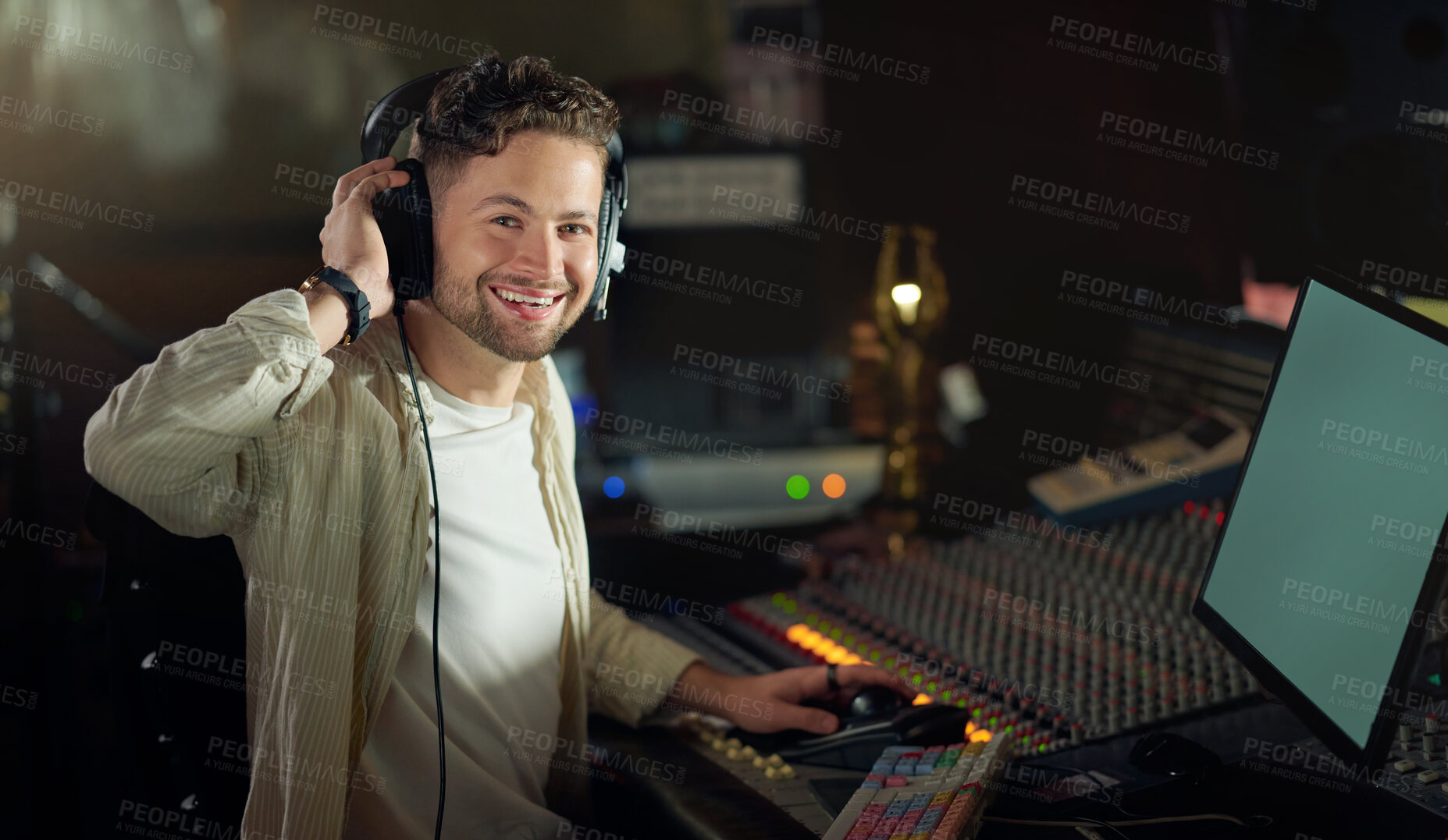 Buy stock photo Portrait, smile or musician on recording headphones in sound engineering, edm song composition or production studio. DJ, happy man or producer technology in live streaming radio, audio or media album