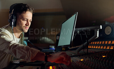 Buy stock photo Musician, thinking or computer headphones for music recording, sound mixing or song composition in studio. Producer, DJ or man on technology with ideas for live streaming radio, audio or media album