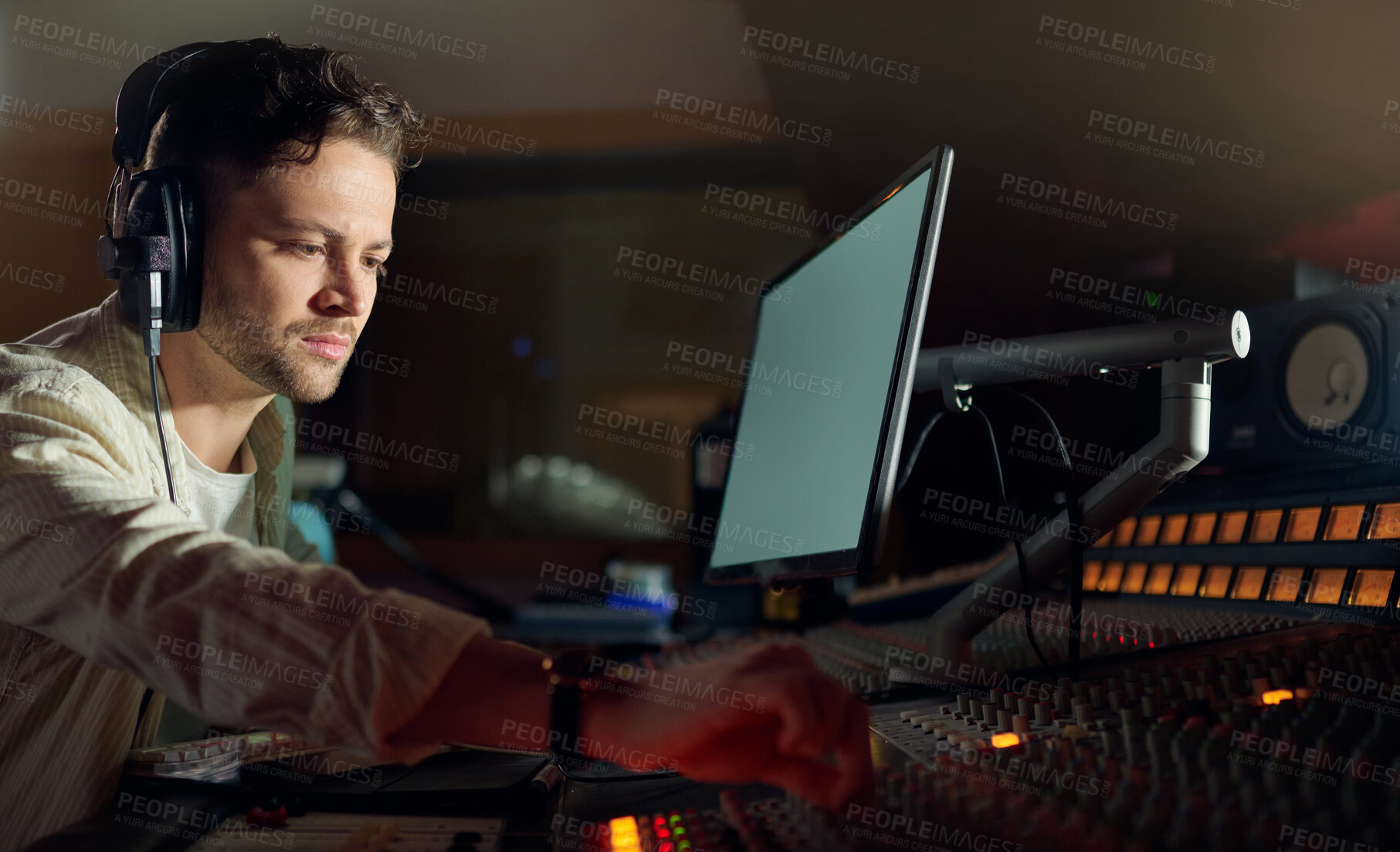 Buy stock photo Musician, thinking or computer headphones for music recording, sound mixing or song composition in studio. Producer, DJ or man on technology with ideas for live streaming radio, audio or media album