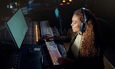 Buy stock photo Woman, smile or musician headphones in computer music recording, sound engineering or song composition in studio. Producer, happy or DJ on technology in live streaming radio, edm audio or media album