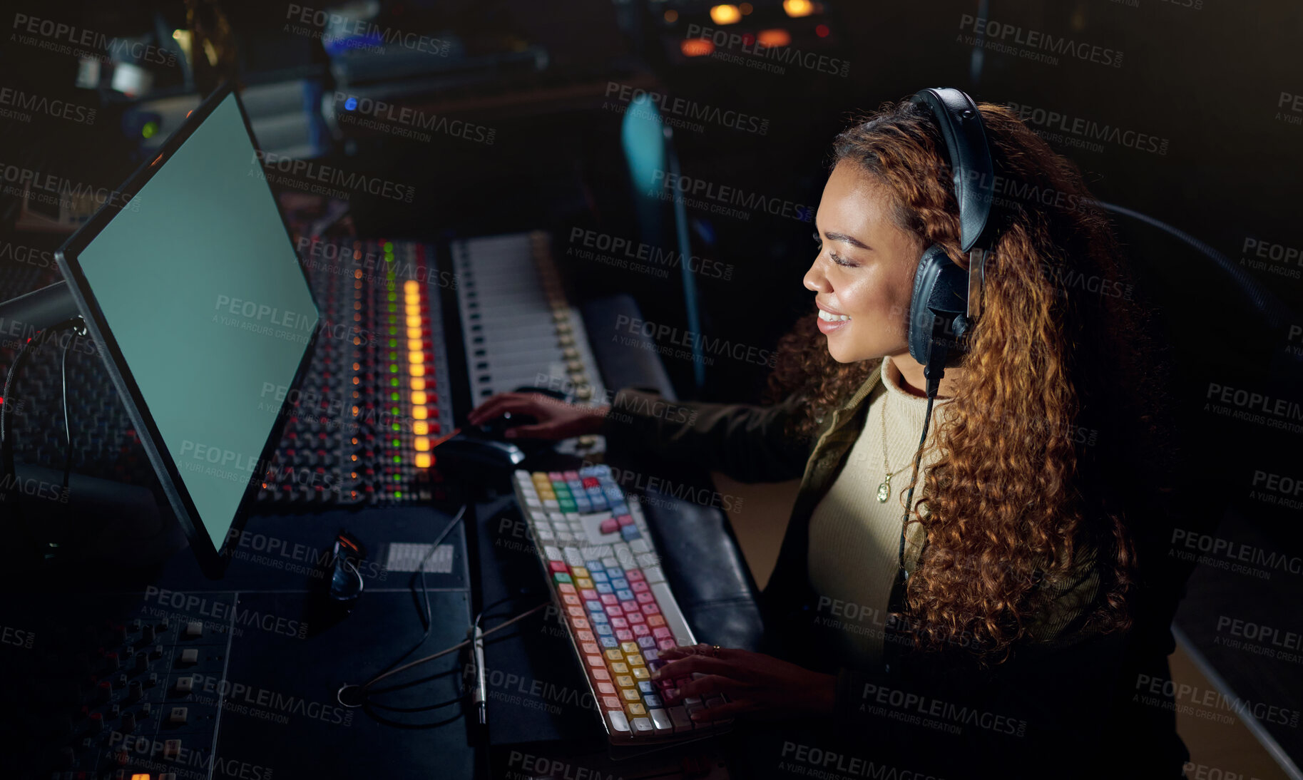 Buy stock photo Woman, smile or musician headphones in computer music recording, sound engineering or song composition in studio. Producer, happy or DJ on technology in live streaming radio, edm audio or media album