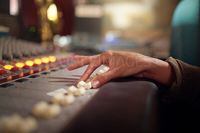 Buy stock photo Hands, music mixer and sound board of radio producer, broadcast and scales in studio. DJ equipment, electronic media and switch of audio engineering machine for recording, production and control room