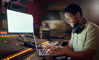 Buy stock photo Black man, happy or laptop for music recording, sound engineering or song composition in studio. Producer, DJ or smile musician on technology with ideas for live streaming radio, audio or media album