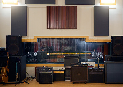 Buy stock photo Recording studio, music and musical equipment for broadcast, radio or entertainment industry. Media, instruments and technology for a album or song production and sound track performance in a studio.