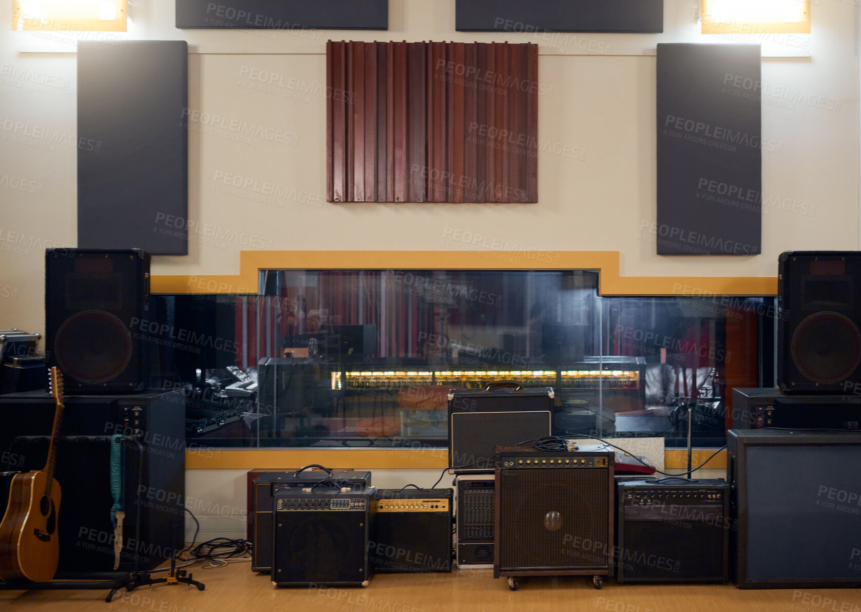 Buy stock photo Recording studio, music and musical equipment for broadcast, radio or entertainment industry. Media, instruments and technology for a album or song production and sound track performance in a studio.