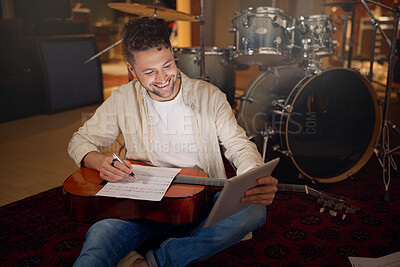 Buy stock photo Happy, tablet and musician writing a song for a performance on a video call in the studio. Creative, planning and artist with a guitar for music production with technology for a sound website