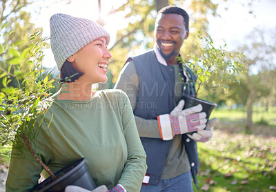 Buy stock photo Friends, agriculture and people on a farm happy and holding a plant for growth as sustainability in the environment. Woman, black man and farmer excited for planting in the countryside in nature