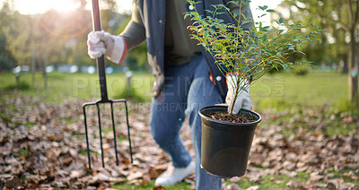 Buy stock photo Nature, plant and eco friendly person gardening in a park with a pitchfork and equipment. Agro, environmental and ecology gardener planting organic greenery in a sustainable garden in the countryside