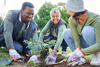 Buy stock photo Community service, volunteering and people plant trees in park, garden and nature for sustainable environment. Climate change, soil gardening and sustainability for earth day, growth or green ecology