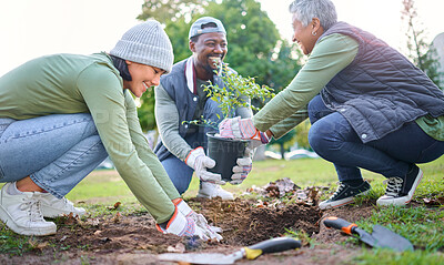 Buy stock photo Tree planting, community service and volunteering group in park, garden and nature for sustainable environment. Climate change, soil gardening and earth day project for growth, care and green ecology