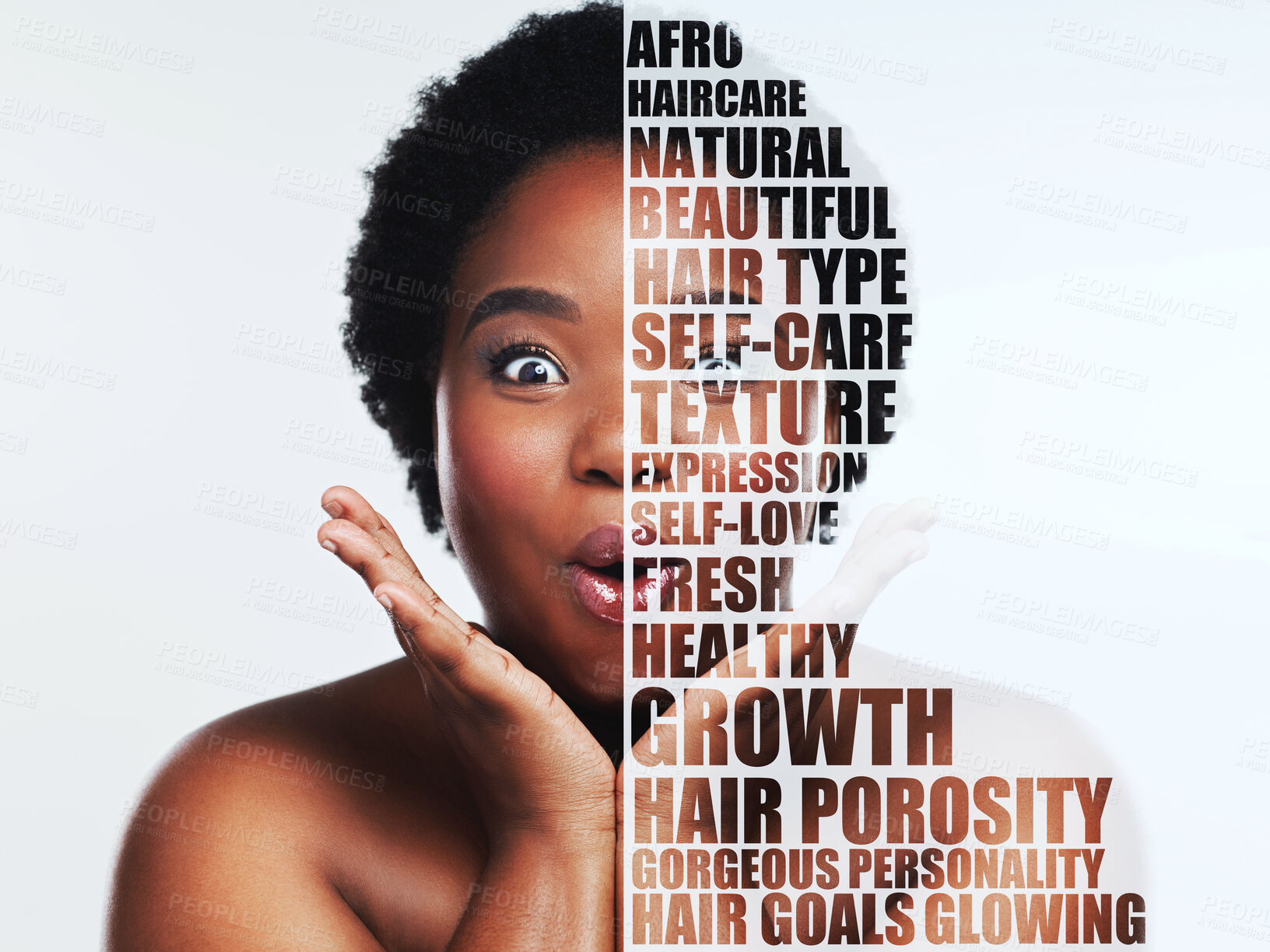 Buy stock photo Motivation, quotes and portrait of black woman shocked or excited isolated against a studio white background. Self care, skincare and surprised female with makeup, skin and healthy hair or afro