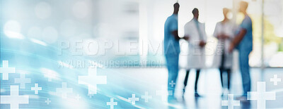 Buy stock photo Doctors and nurses team overlay for healthcare, medical insurance and meeting at hospital. Men and women people with teamwork or collaboration talking and planning medicine, health and wellness