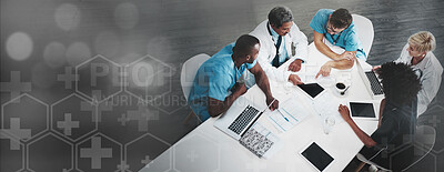 Buy stock photo Above, discussion and doctors in a meeting about healthcare, medical agenda and schedule at clinic. Banner, graphic and team of medical employees planning, talking and working on nursing strategy