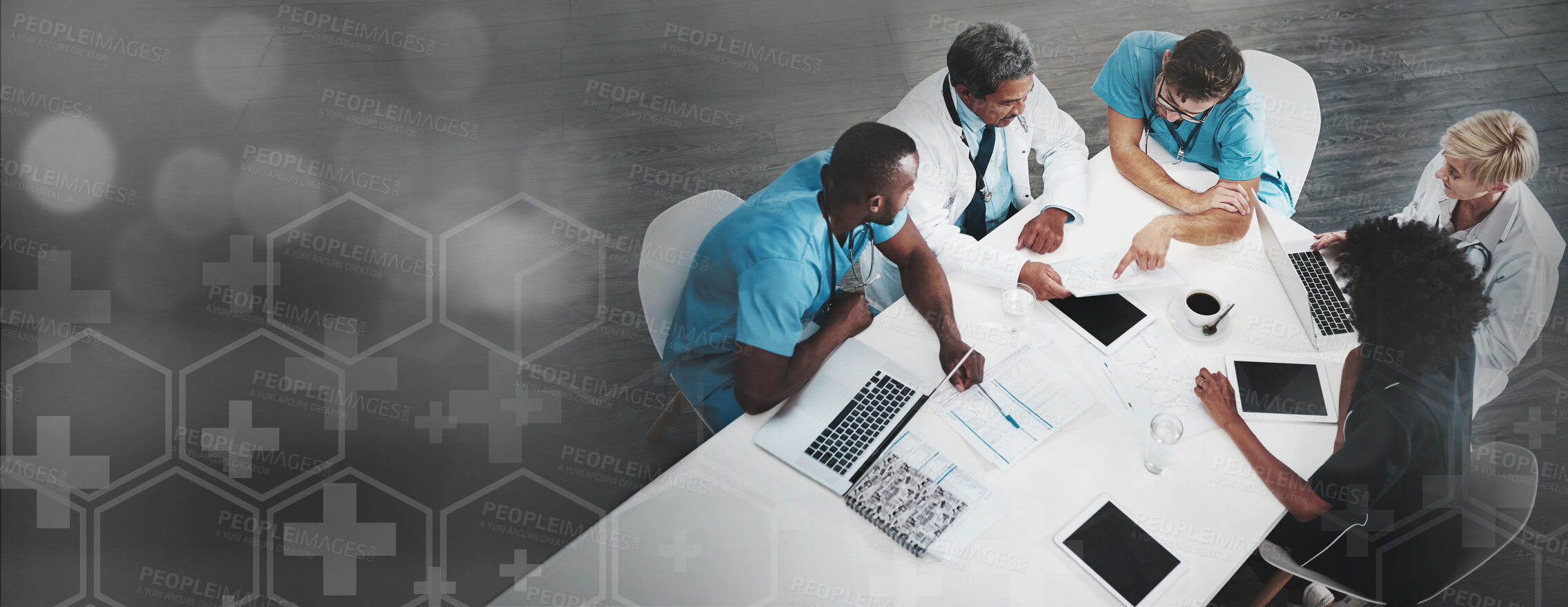 Buy stock photo Above, discussion and doctors in a meeting about healthcare, medical agenda and schedule at clinic. Banner, graphic and team of medical employees planning, talking and working on nursing strategy