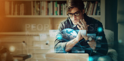 Buy stock photo Business man with Earth hologram, futuristic technology and ai, global and tech transformation overlay with network. Internet, digital future and metaverse, 3d cyber system mockup and data analytics