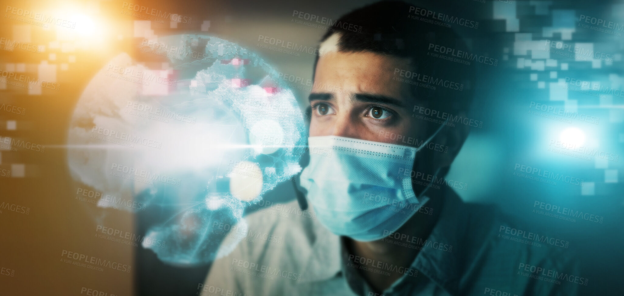 Buy stock photo Futuristic medical healthcare, hologram and digital transformation with mask at night for science in double exposure. Male employee working with big data, research or businessman for startup