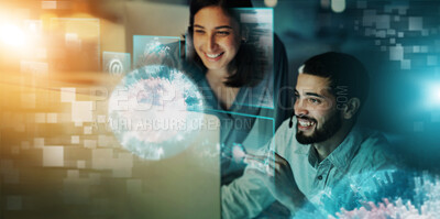 Buy stock photo Futuristic, man and woman with hologram, overlay and communication with information technology, connection and conversation. Future, holographic and employees brainstorming, innovation and teamwork