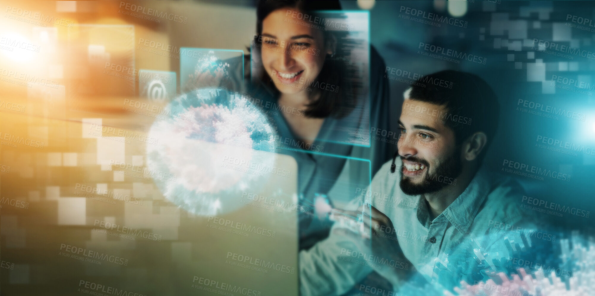 Buy stock photo Futuristic, man and woman with hologram, overlay and communication with information technology, connection and conversation. Future, holographic and employees brainstorming, innovation and teamwork