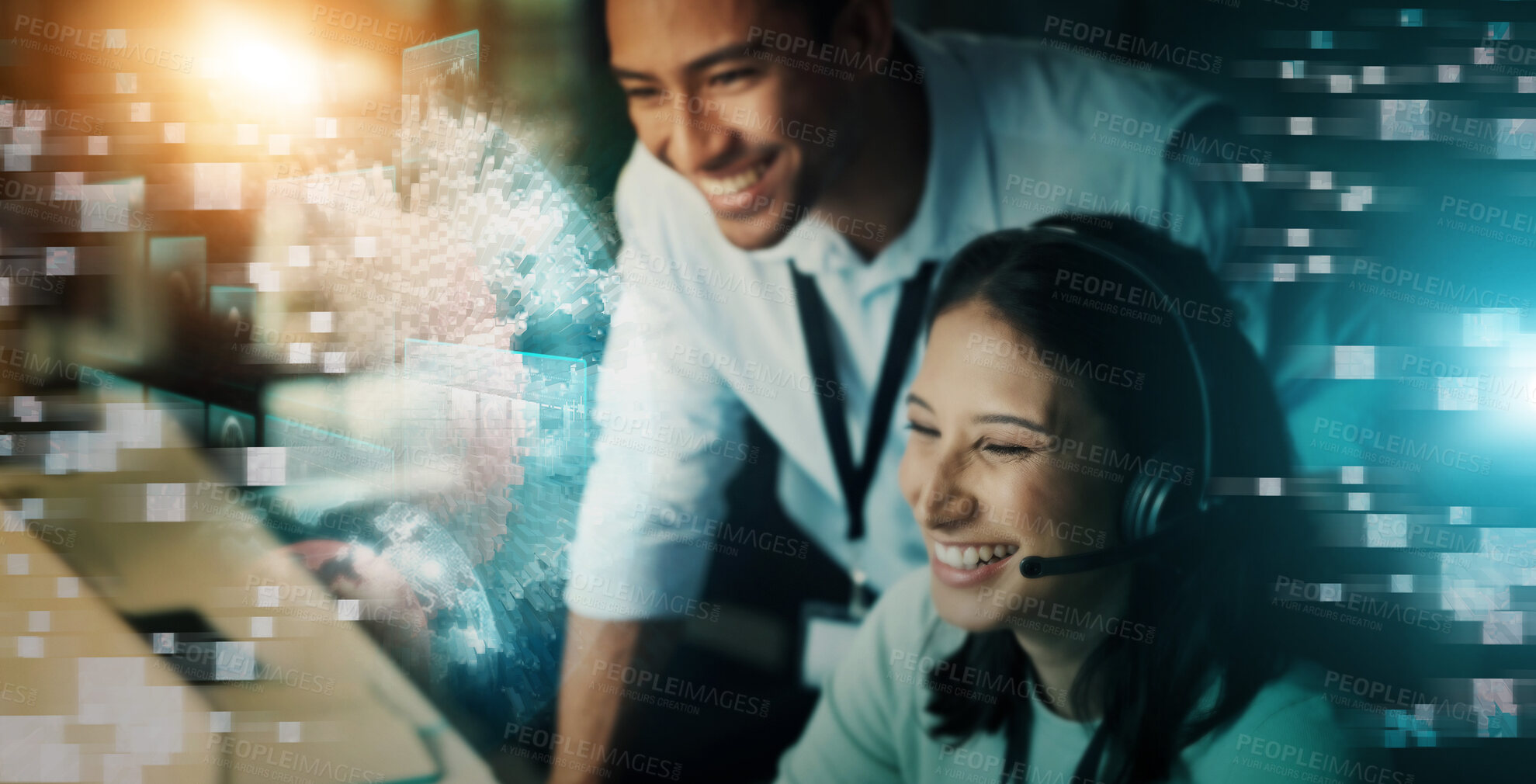 Buy stock photo Creative business people, call center and digital marketing or telemarketing advice or desktop support in double exposure. Happy employee consultants in big data, online startup or help on overlay