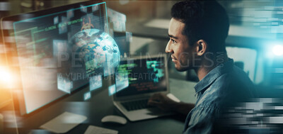 Buy stock photo Creative businessman, hologram and digital transformation in crypto trading at night double exposure. Male employee trader in big data, fintech or blockchain for future innovation or online startup