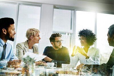 Buy stock photo Overlay, business and staff in meeting, future and conversation for collaboration, partnerships and new project. Employees talking, hologram or consultants brainstorming, futuristic or corporate deal