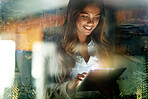 Tablet, city overlay and woman in the office planning or doing research for a corporate project. Technology, happy and professional female business employee working on a report with a mobile device.