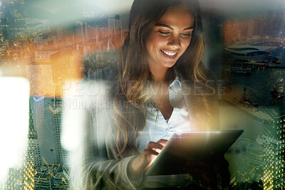 Buy stock photo Tablet, city overlay and woman in the office planning or doing research for a corporate project. Technology, happy and professional female business employee working on a report with a mobile device.