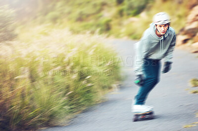 Buy stock photo Skateboard, skating sports and man on road for fitness, exercise or wellness. Training, freedom and portrait of male skater moving with fast speed, skateboarding and riding alone outdoors for workout