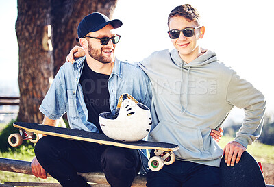 Buy stock photo Skateboard, fashion and portrait of friends on mountain for adventure, freedom and ready for skateboarding. Urban style, fitness and skaters with longboard for exercise, skating and training outdoors