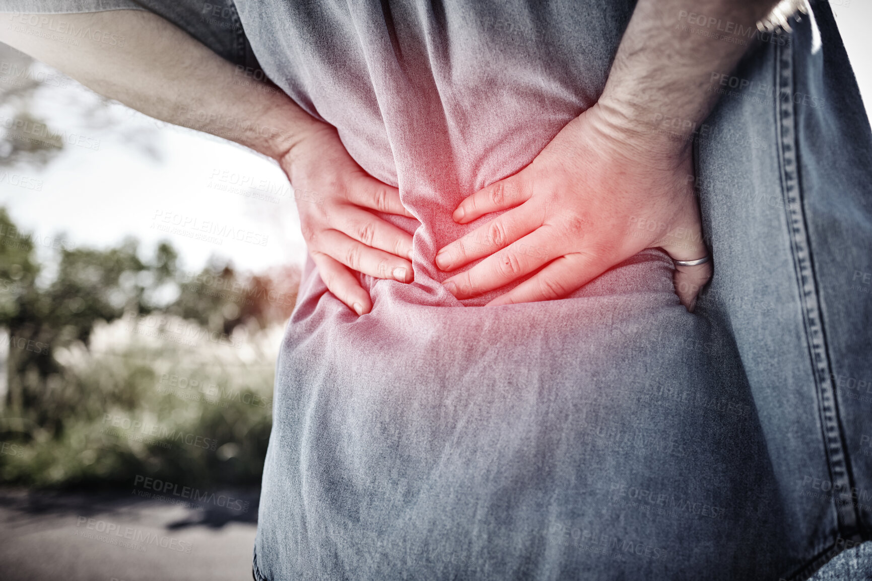Buy stock photo Hands, sports fitness and man with back injury outdoors after accident or workout. Emergency, first aid and male with fibromyalgia, arthritis or inflammation and spine pain after exercise outdoors.