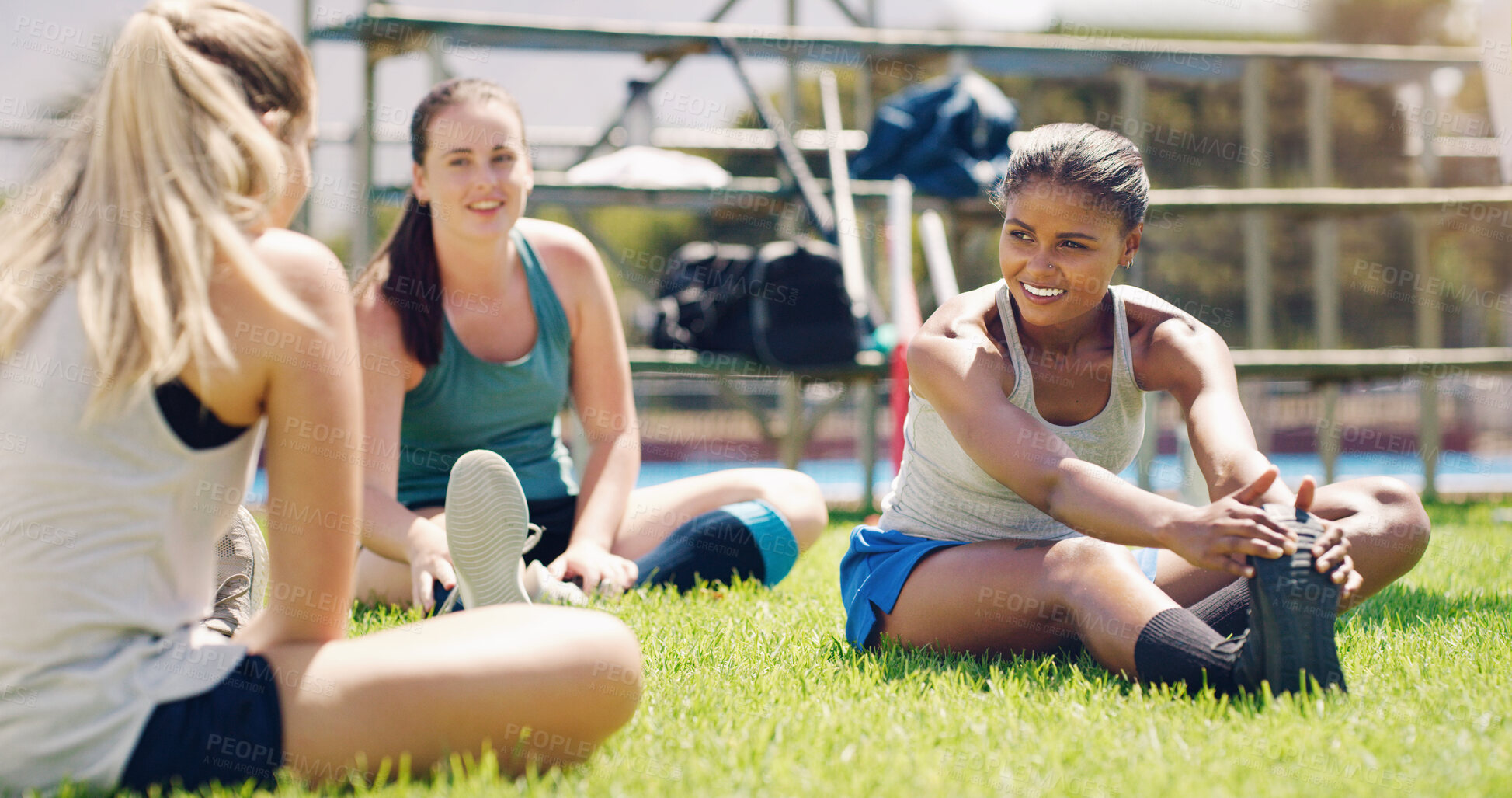 Buy stock photo Stretching, fitness and sports women with teamwork, support and exercise, wellness and health on grass or field. Training, workout and athlete group of people in diversity, talking and relax on floor