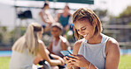 Woman, sport field and phone for texting, social media and communication for online dating, happy and smile. Gen z girl, smartphone and outdoor happiness for chat app, web or laugh at meme on website