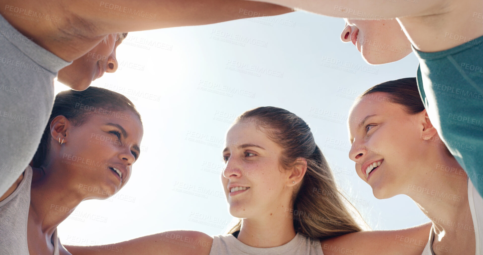 Buy stock photo Face, huddle or team with a sports woman and friends standing in a circle together before a game. Fitness, exercise and teamwork with a female group training outside for a competitive sport event