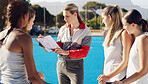 Sports, clipboard and team with coach for planning, game strategy and instructions for female players on court. Fitness, training and woman coaching girls for netball match, practice and competition