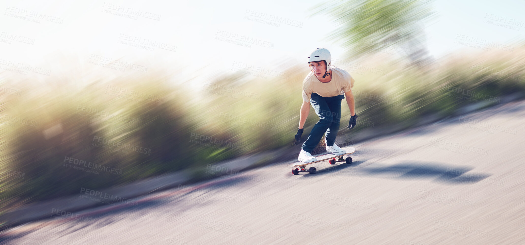 Buy stock photo Motion blur, skating and mockup with a sports man training outdoor on an asphalt street at speed. Skateboard, fast and mock up with a male skater on a road for fun, freedom or balance outside