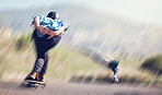 Speed, skateboard and friends in action on road ready for adventure, freedom and extreme sports motion blur. Training, skateboarding and skaters with longboard for exercise, skating and fitness hobby