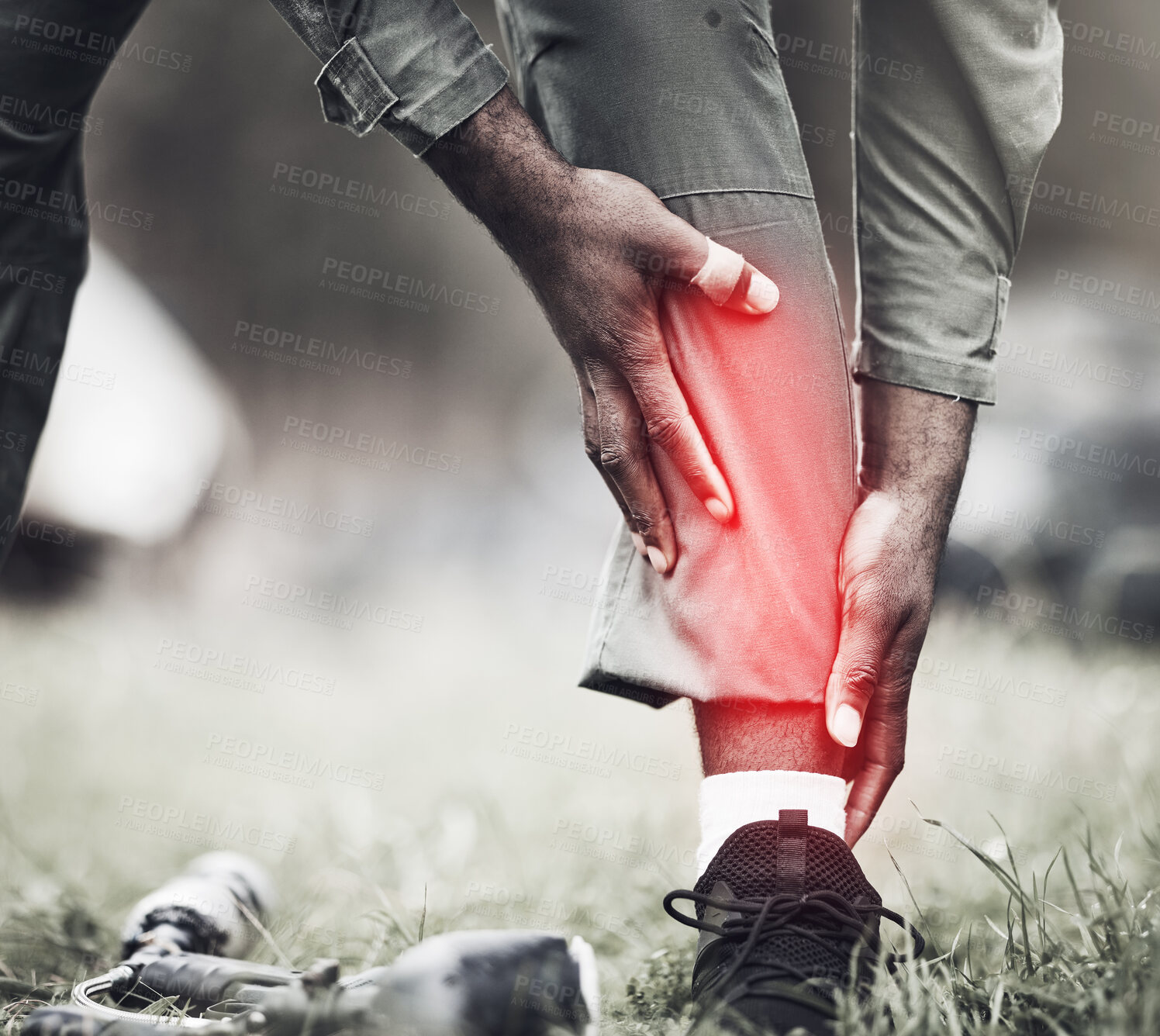 Buy stock photo Leg injury, military fitness and black man soldier on a field with joint pain from exercise drill. Sports run, medical emergency and military performance accident in war with blurred background