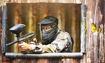 Buy stock photo Paintball, gun and camouflage with a sports man playing a military game for fun or training outdoor. War, soldier and target with a male athlete shooting a weapon outside during an army exercise