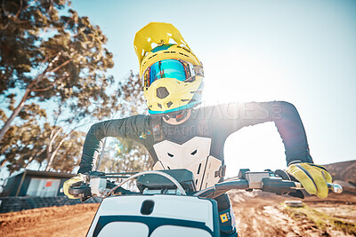Buy stock photo Motorcross, motorcycle and man in helmet for sports challenge, offroad race and desert sunshine. Driver, bike and gear for dirt track competition, motorbike performance and action on adventure course
