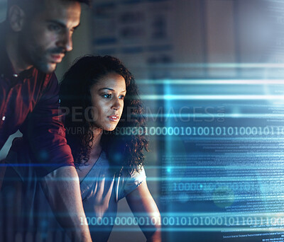 Buy stock photo Woman, businessman and computer in night for overlay, futuristic hologram or teamwork for coding strategy. Team, dark office and with holographic tech abstract for focus, pc or information technology