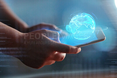 Buy stock photo Futuristic, hologram and hands with smartphone, connection and global networking for communication or overlay. Future, zoom or holographic with phone, website or search internet for online innovation