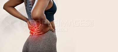 Buy stock photo Back pain, red and woman isolated on wall background for fitness, exercise and sports injury, emergency and risk. Medical, spine and athlete with anatomy problem in workout with studio mockup space