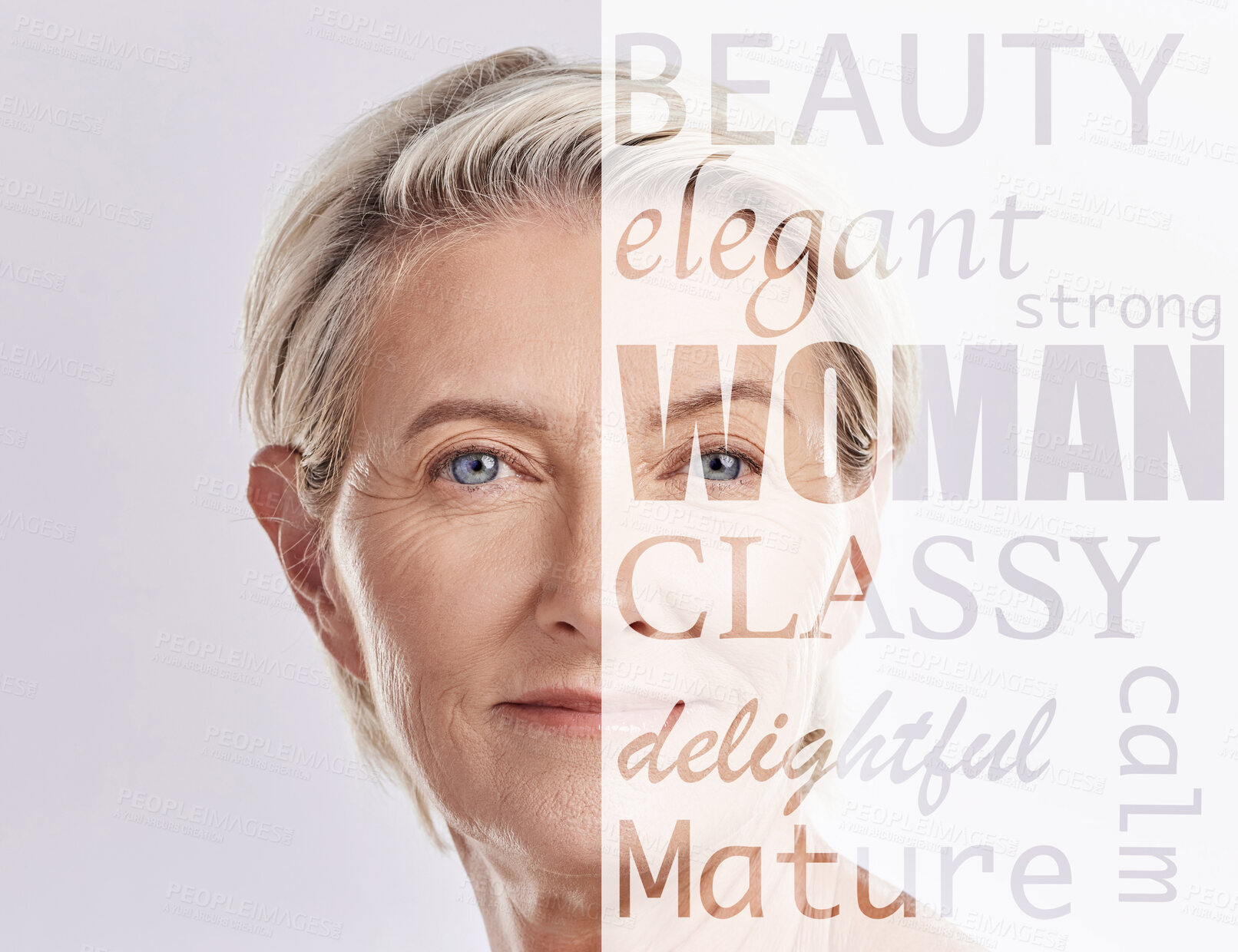 Buy stock photo Beauty, skincare and senior woman in text overlay for makeup or cosmetics isolated on white background. Empowerment, portrait and face of elderly model or person in self love collage or mockup space
