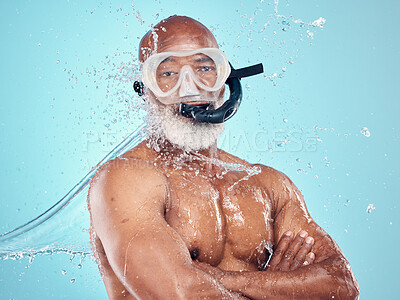 Buy stock photo Water splash, snorkel and skincare of black man in studio isolated on blue background. Wellness, cleaning or face portrait of senior male model with scuba mask, bathing or washing for healthy hygiene