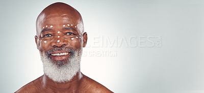 Buy stock photo Skincare, portrait and senior man relax in studio with face cream, sunscreen and product on grey background. Facial, wrinkles and elderly model happy with skin, treatment and luxury cosmetics 