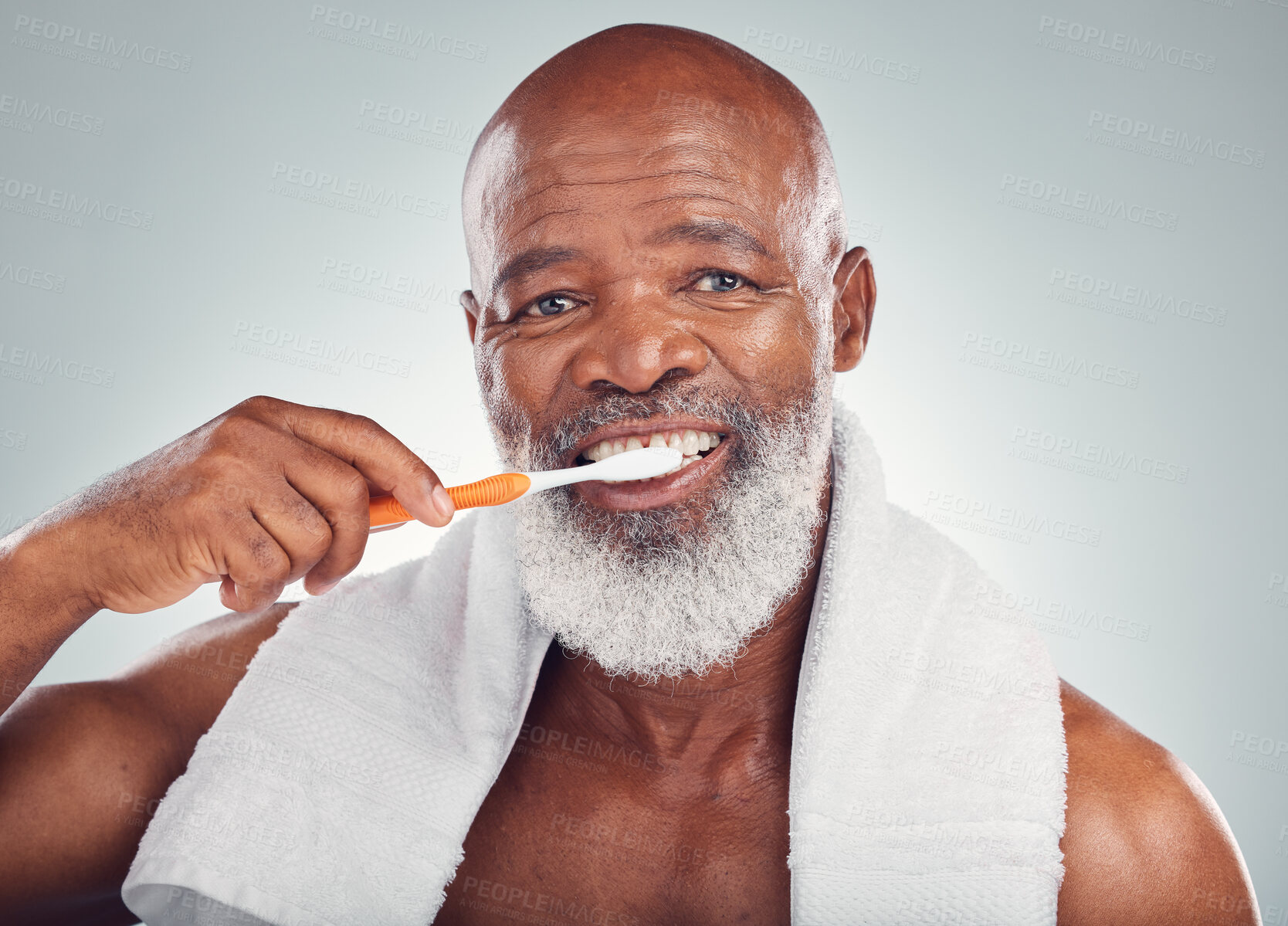 Buy stock photo Black man, dental hygiene and toothbrush with wellness, brushing teeth and smile on grey studio background. Oral health, African American male and guy clean mouth, fresh breath and grooming routine