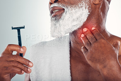 Buy stock photo Man, shaving and hand on neck for pain from razor burn or cut while grooming with foam on face. Bathroom beard shave accident, blade and injury on throat, old male model isolated on white background.
