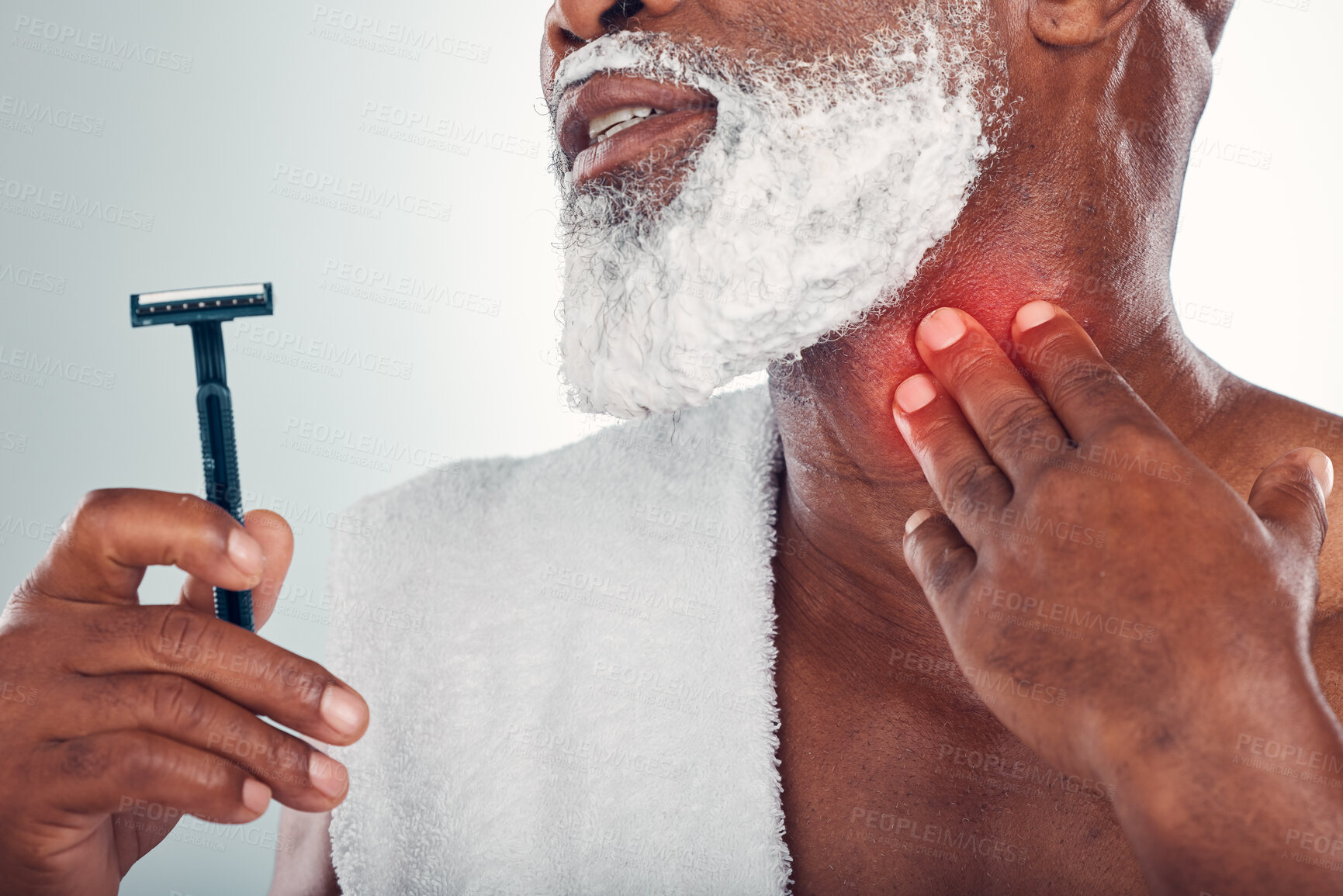 Buy stock photo Man, shaving and hand on neck for pain from razor burn or cut while grooming with foam on face. Bathroom beard shave accident, blade and injury on throat, old male model isolated on white background.